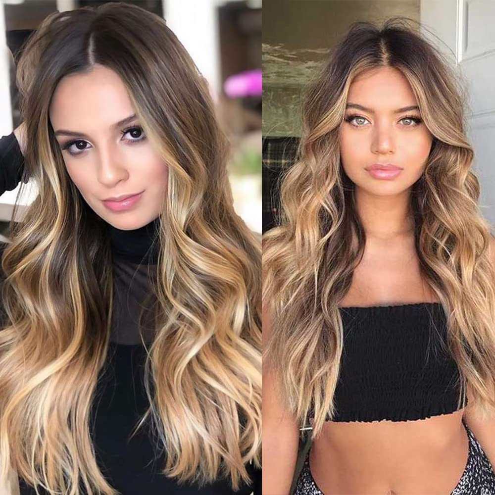 4 extensiones de cabello con clip de 20 pulgadas, extensiones de cabello sintético grueso con clip, para mujer (marrón chocolate degradado a rubio