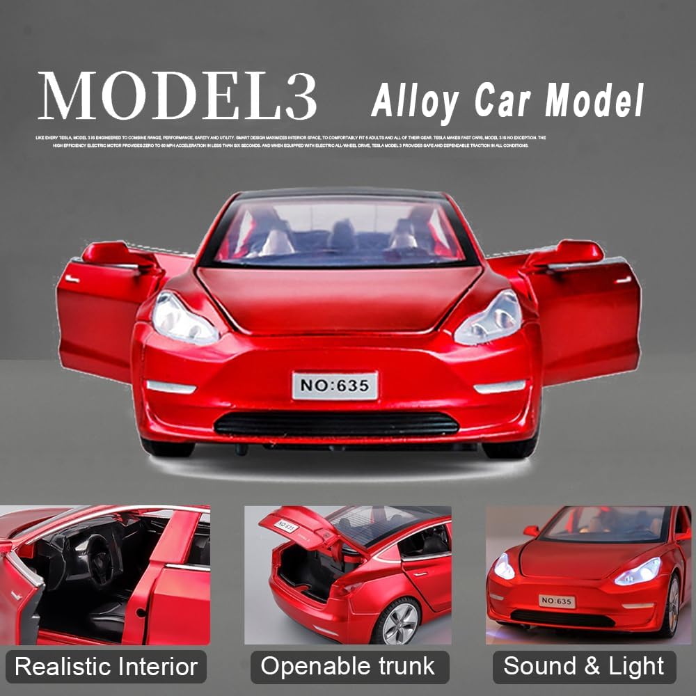 Coches de juguete a escala 124 compatibles con el modelo 3, autos de metal fundido a presión con luzsonido, juguetes de auto para niños y niñas de 3