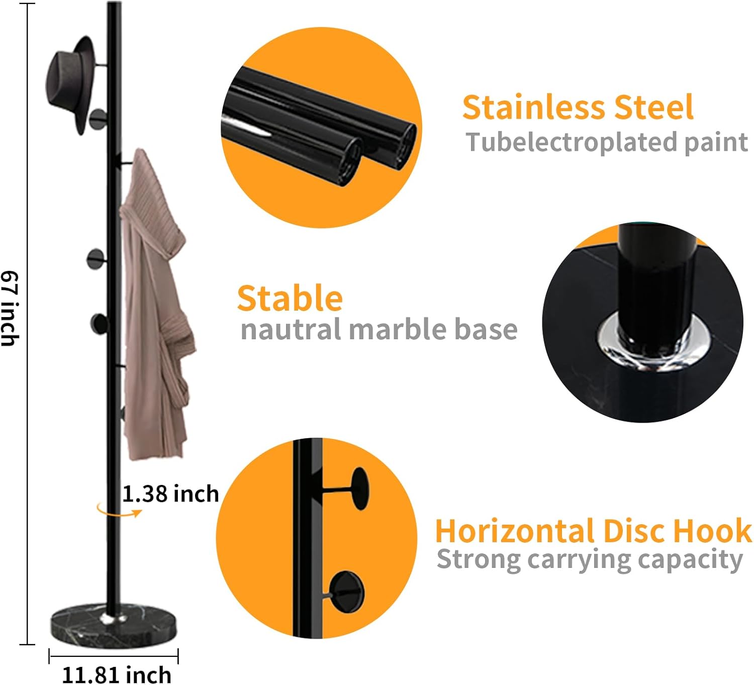 Perchero de metal independiente, resistente perchero con base de mármol natural, perchero para sombreros de árbol para entrada, pasillo, dormitorio