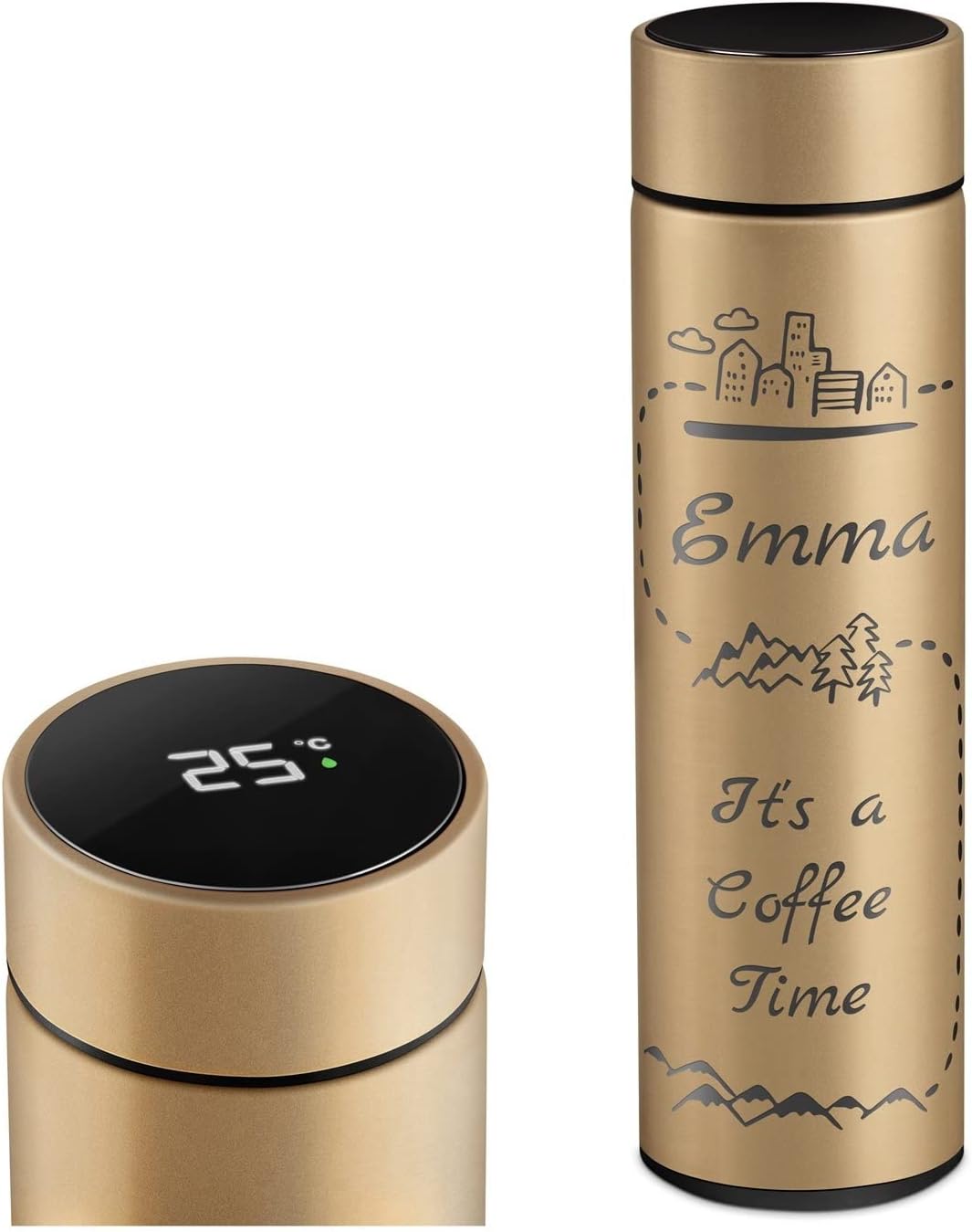 Maverton Taza de viaje con grabado para mujer – Taza térmica personalizada para dama – Infusor de té extraíble – Diseño ligero – Pantalla LED de