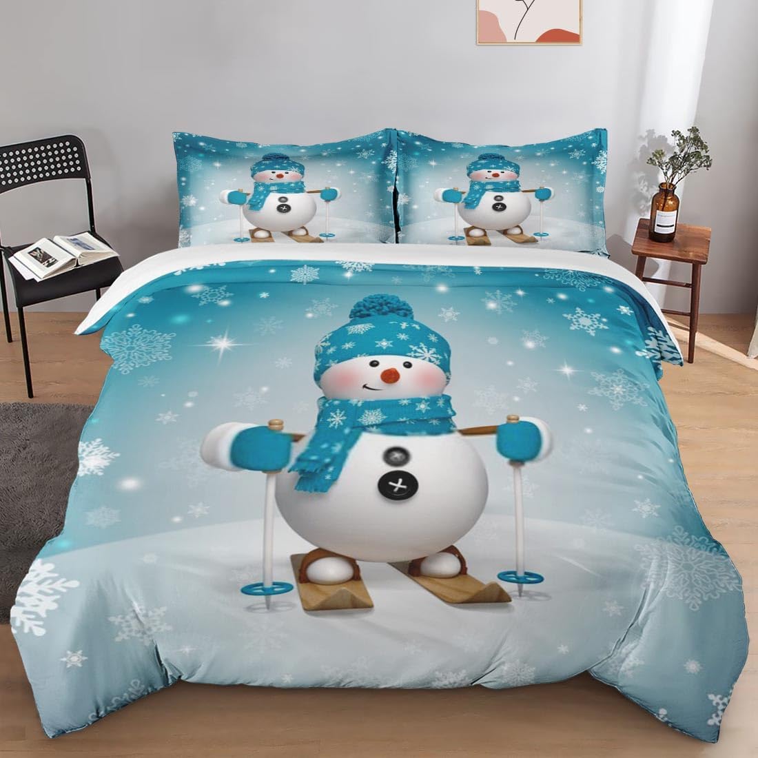 Juego de funda de edredón, muñeco de nieve de Navidad, juego de ropa de cama de invierno para niños y adultos, decoración de dormitorio de nieve,