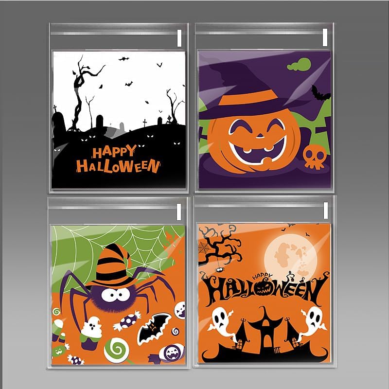200 bolsas de celofán para dulces de Halloween, autoadhesivas, transparentes, bolsas de regalo para suministros de fiesta de Halloween (3.94 x 3.94