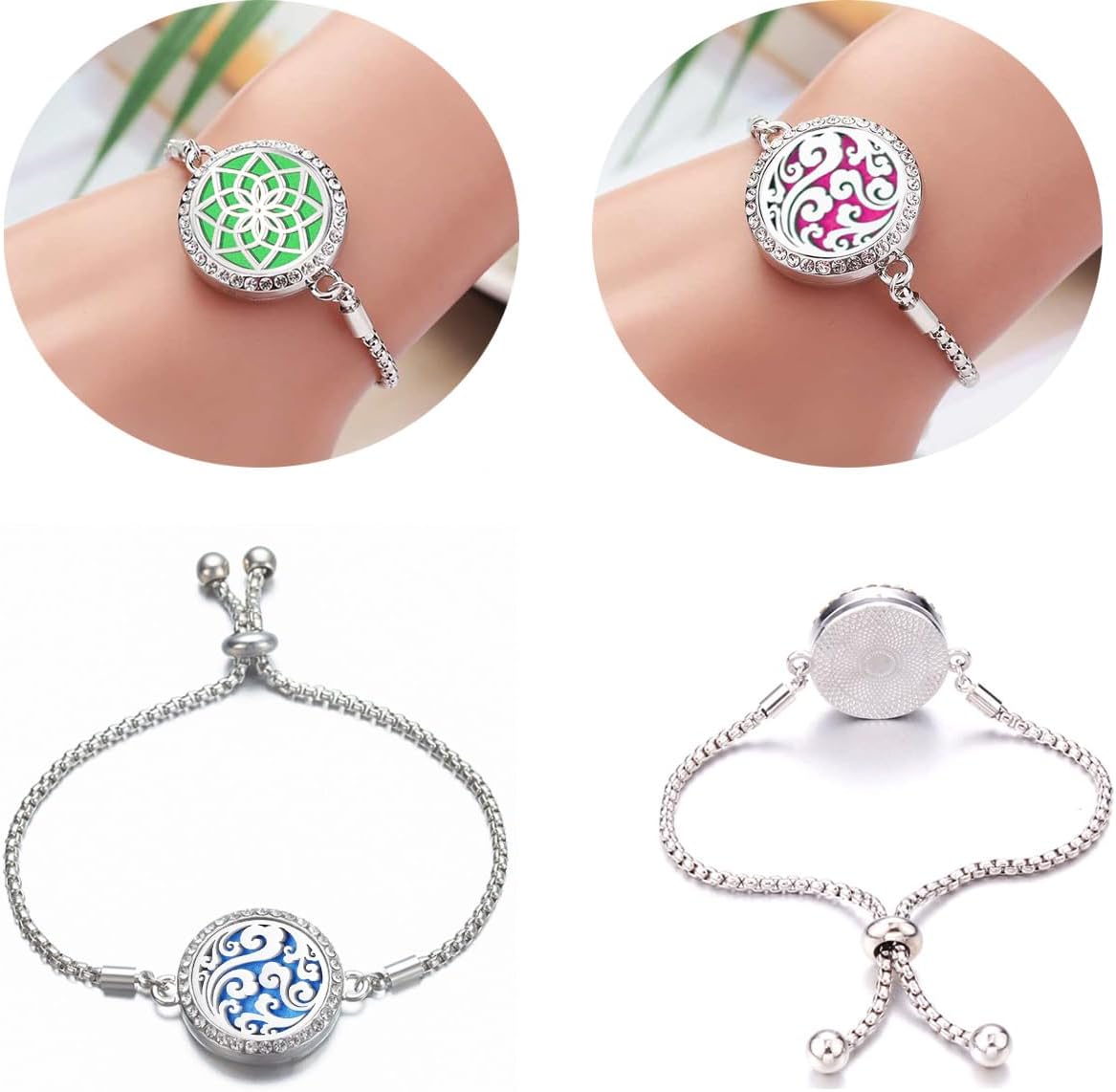 2 pulseras difusoras de aceites esenciales, medallón difusor de aromaterapia de diamante, pulsera ajustable con 20 almohadillas de repuesto