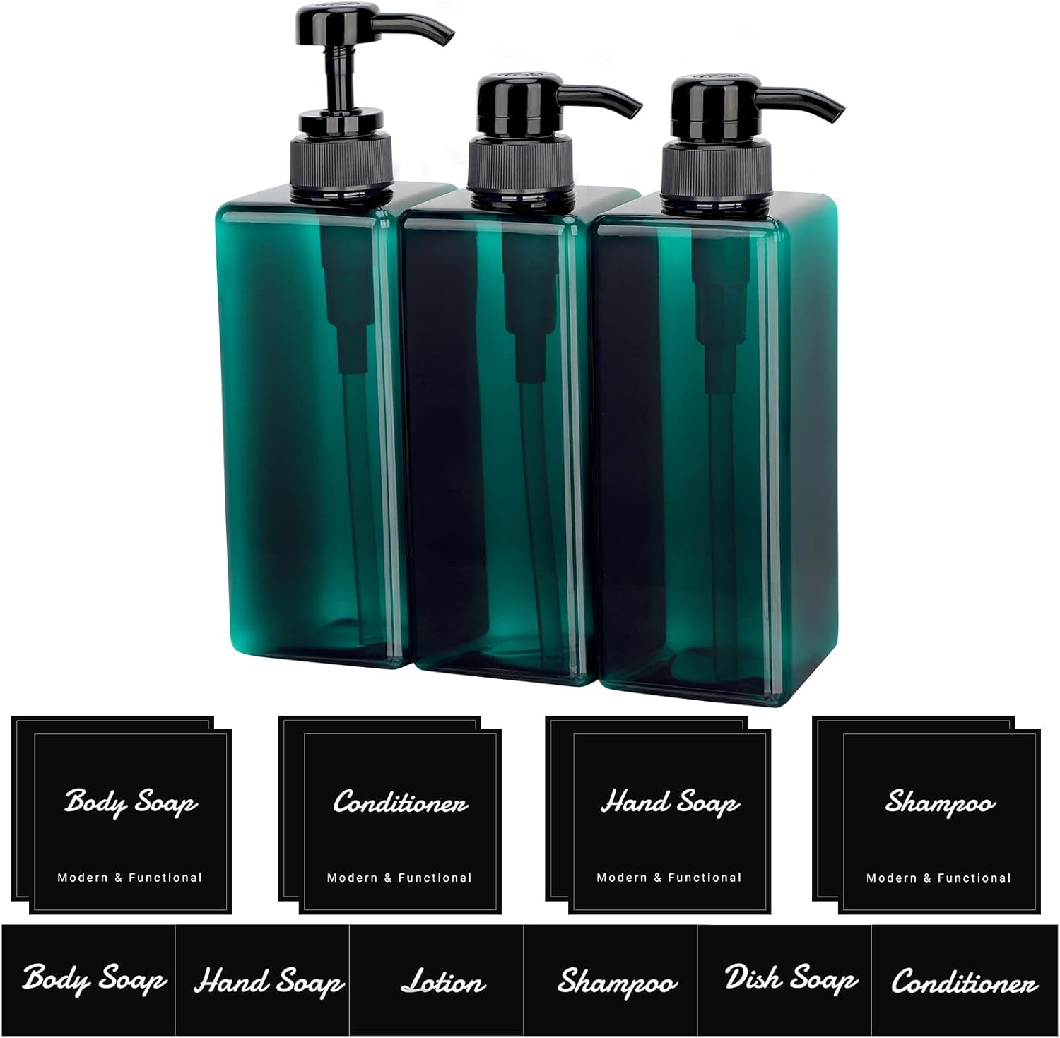 Botellas vacías de champú de 22 onzas con bomba con 26 etiquetas de jabón impermeables, 3 paquetes de recipientes vacíos de gran capacidad para gel