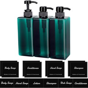 Botellas vacías de champú de 22 onzas con bomba con 26 etiquetas de jabón impermeables, 3 paquetes de recipientes vacíos de gran capacidad para gel Botellas vacías de champú de 22 onzas con bomba con 26 etiquetas de jabón impermeables, 3 paquetes de recipientes vacíos de gran capacidad para gel