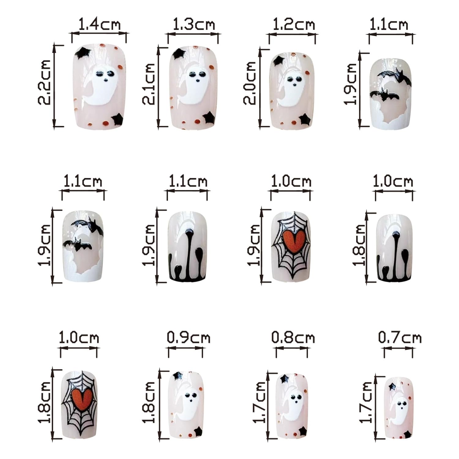 Uñas postizas a presión para Halloween, uñas postizas cuadradas cortas con punta francesa, color nude, cobertura completa, murciélagos fantasmas,