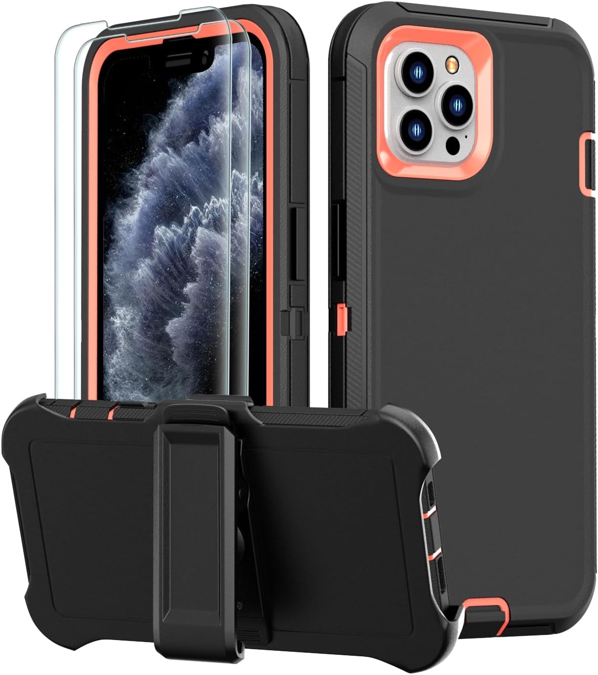 Designed for iPhone 11 Pro Max Case 3-in-1 Full Body Rugged Protection Belt Clip Kickstand with 2 Screen Protectors, Heavy Duty Military Grade Drop