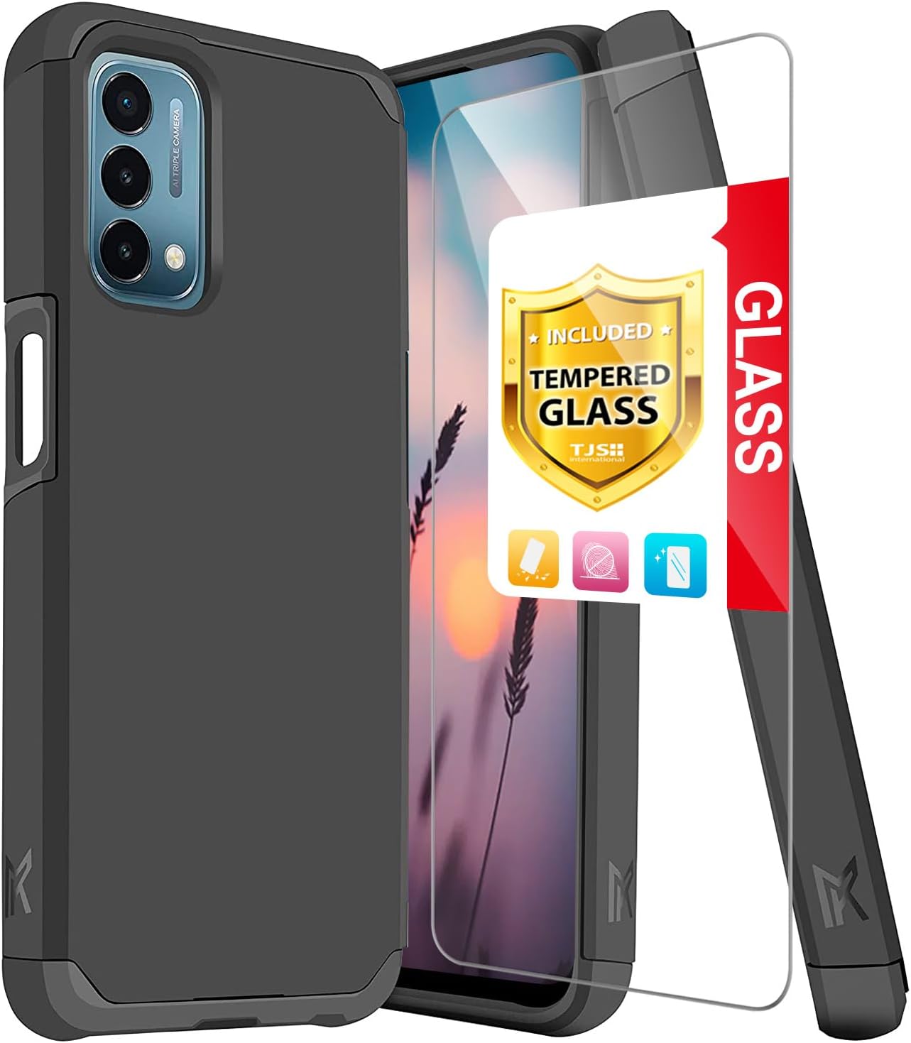 TJS Funda compatible con OnePlus Nord N200 5G, con protector de pantalla de vidrio templado, doble capa híbrida a prueba de golpes, protección