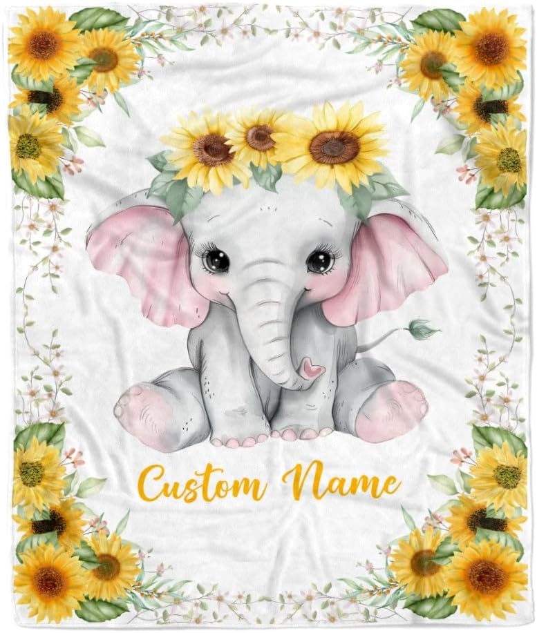 Manta de bebé personalizada con nombre, diseño de elefante, girasol, recién nacido, niña, niños, hija, nieta, sobrina, cumpleaños, Navidad, manta de