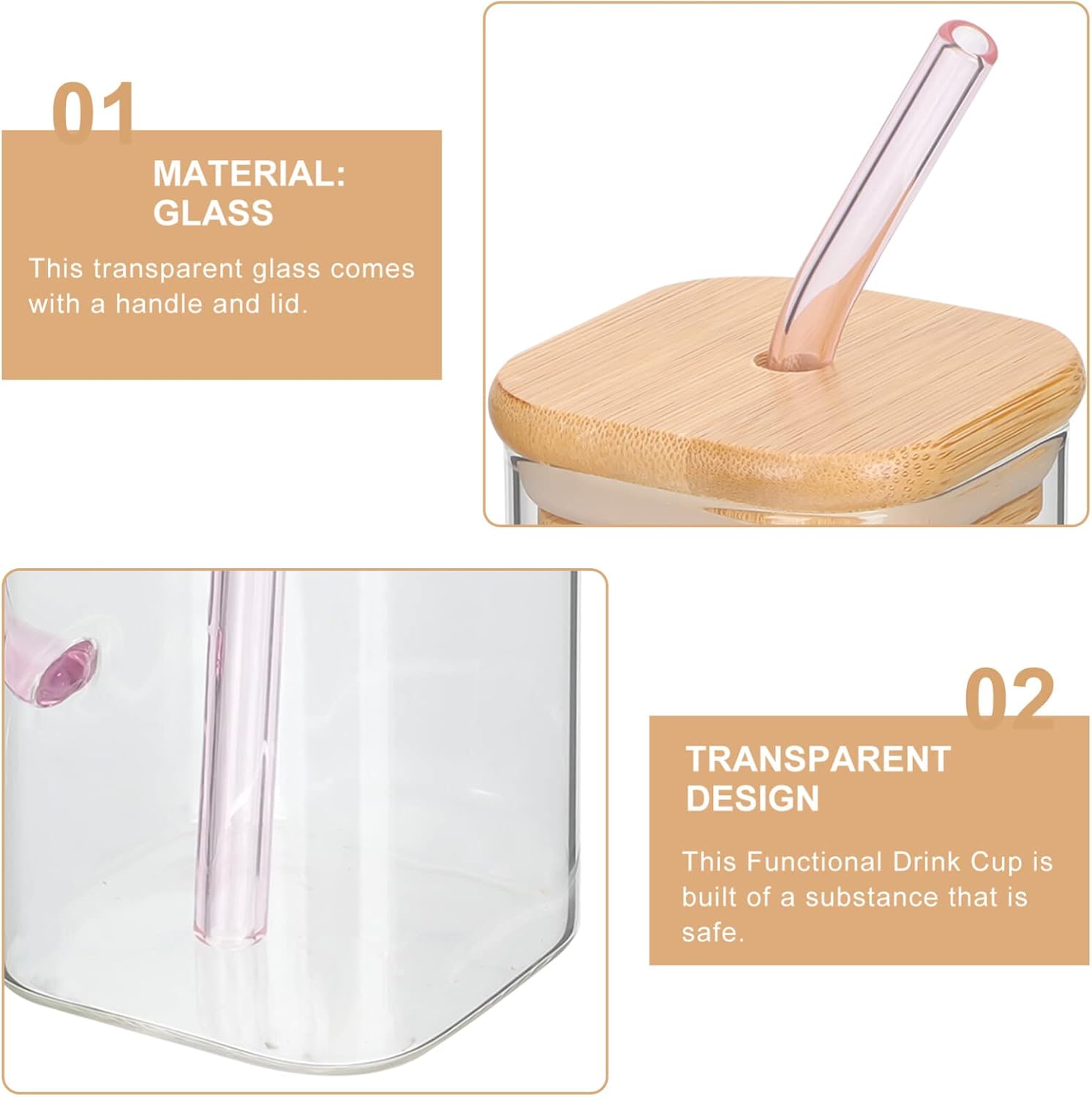 Luxshiny Vasos rectangulares con pajita de vidrio con tapas, vasos cuadrados con asa, tapa de bambú, vasos transparentes para café helado para el