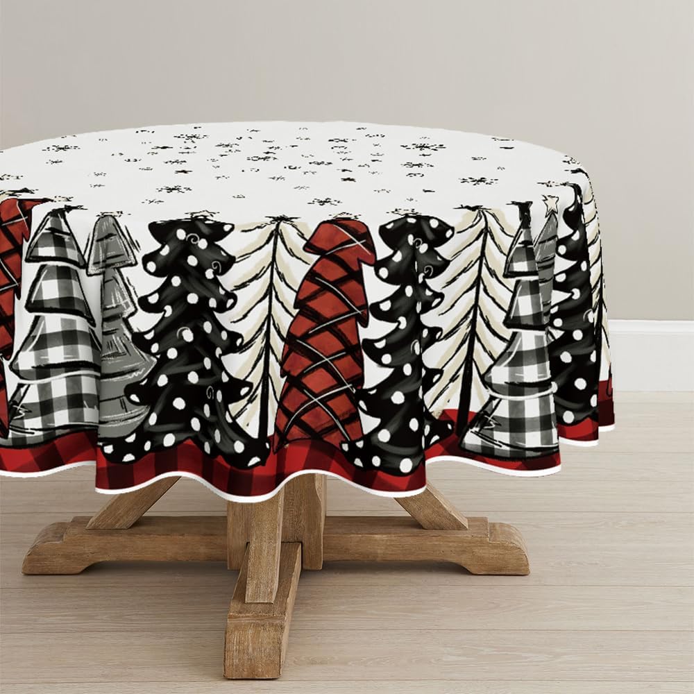 Horaldaily Mantel de Navidad redondo de 70 x 70 pulgadas, diseño de árboles de Navidad, a cuadros, color rojo, lavable, para decoración de fiestas,