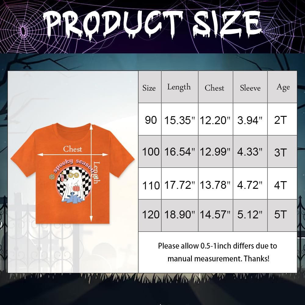Blinket Camiseta de Halloween para niños pequeños, camisa de fantasma de calabaza negra y blanca, a cuadros, estampado naranja, manga corta,