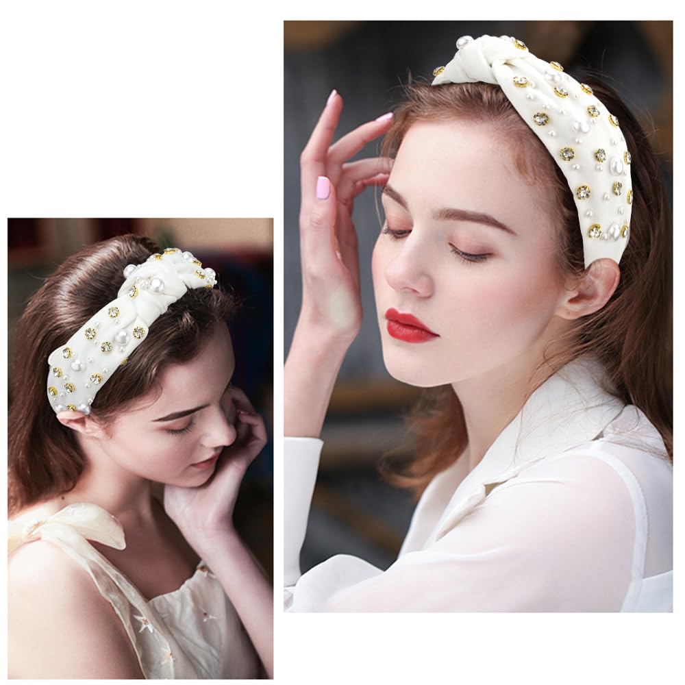 Atoden Diademas anudadas blancas con diamantes de imitación de perlas para mujer, diademas anchas con nudo superior con cuentas, bandas de cabeza