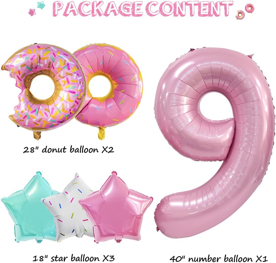 Decoraciones de cumpleaños en forma de dona, 6 globos de Dokuna en forma de dona, decoraciones de 9 cumpleaños para niñas, globos gigantes de