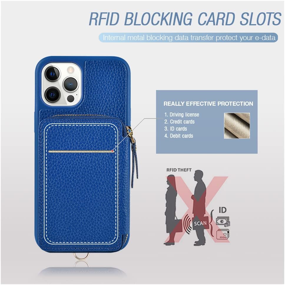 ZVE Funda tipo cartera para iPhone 12 y 12 Pro, con bloqueo RFID y correa para la muñeca para mujer, funda de piel con bloqueo RFID para iPhone 12