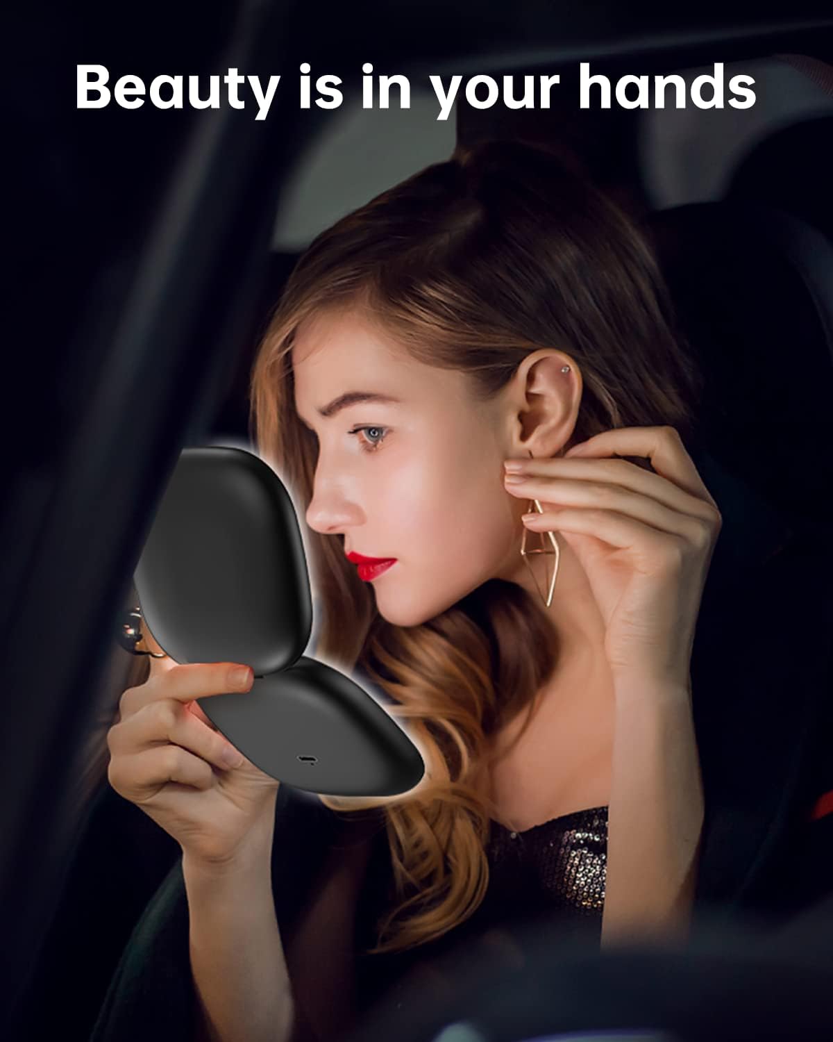 Gospire Espejo de maquillaje de viaje recargable de doble cara con luces y aumento 10X, espejo compacto LED con 3 colores de luz y brillo ajustable,