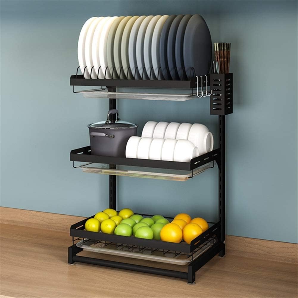 Estante de secado de platos de 3 niveles ajustable de cocina con tabla de drenaje extraíble, cromo resistente de gran capacidad, organizador de