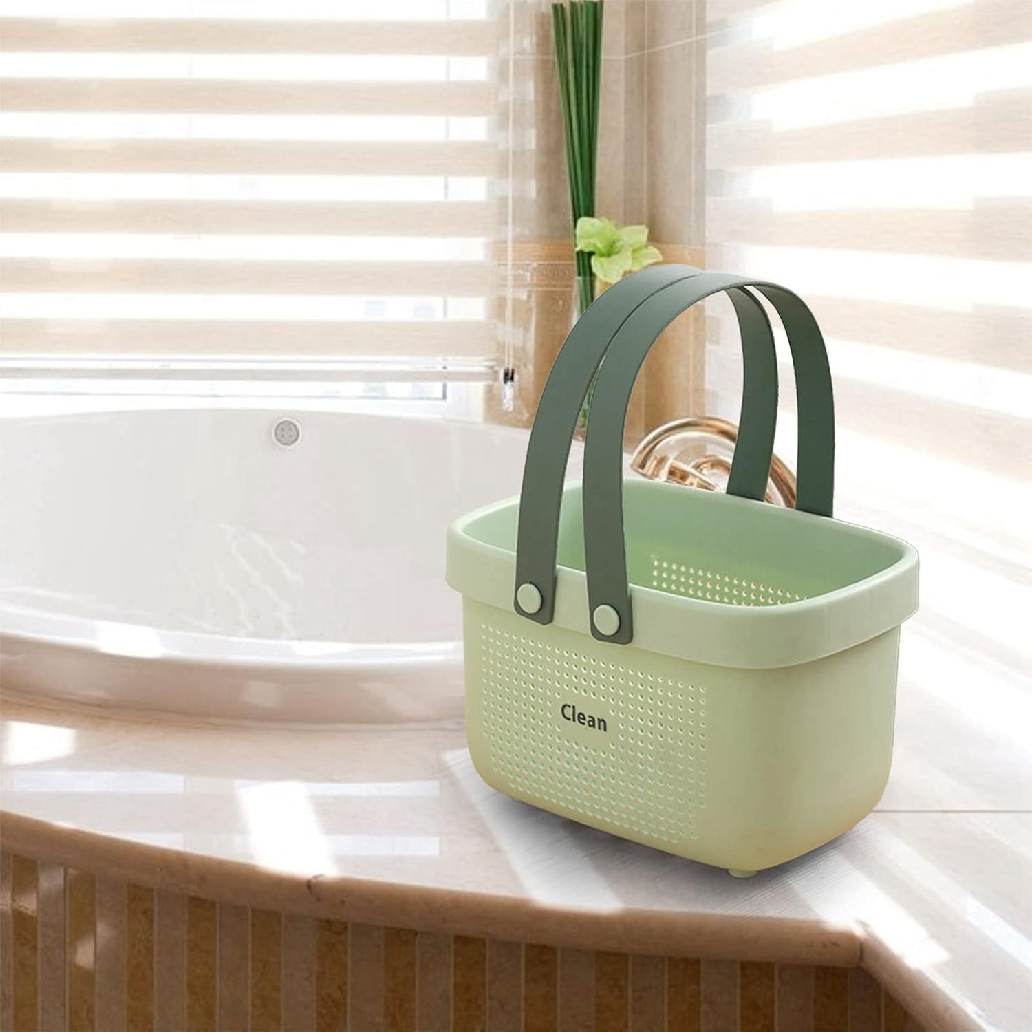 Cesta de almacenamiento de plástico para baño, portátil, con asas, cesta para baño, despensa, cocina, dormitorio universitario, campamento (verde 10