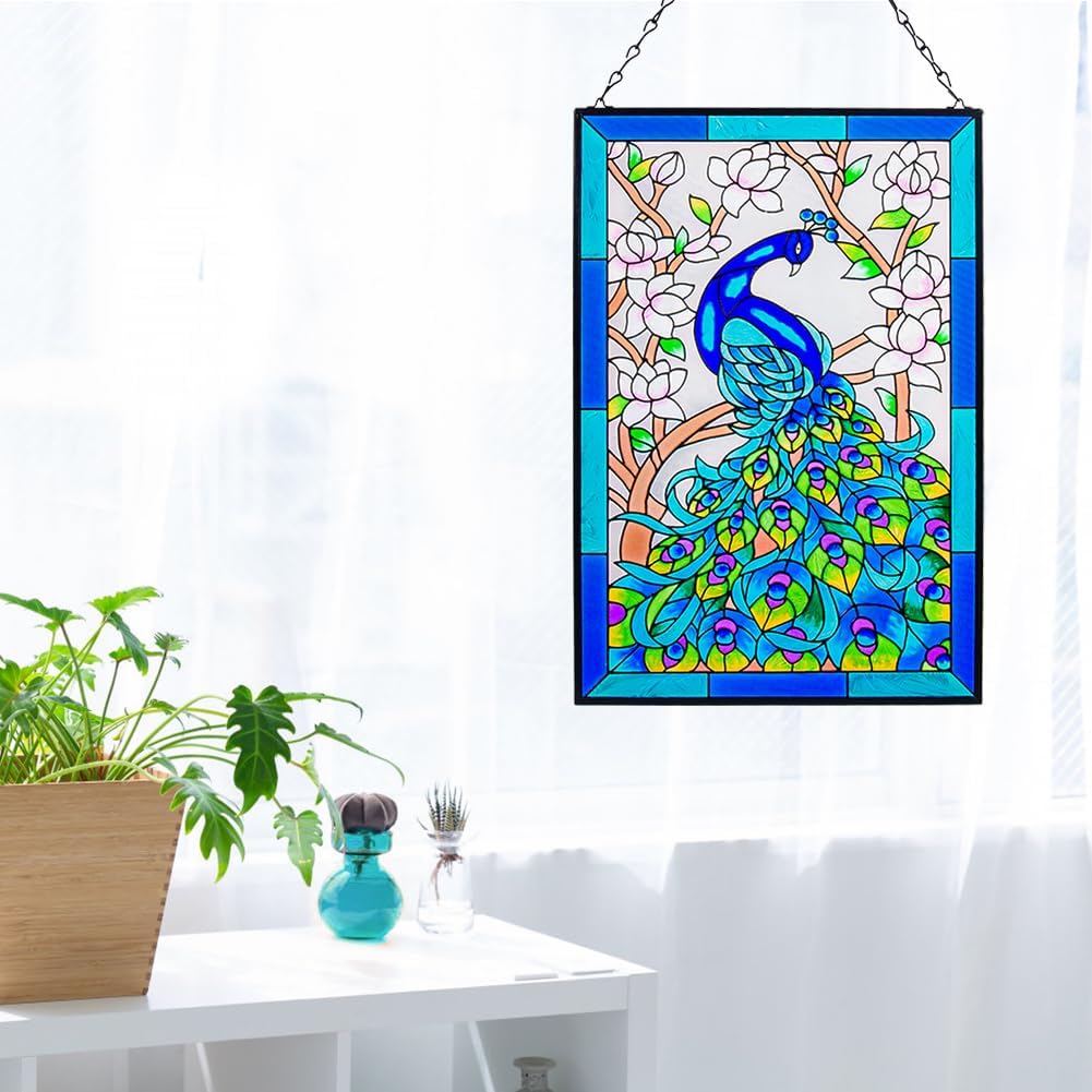 VEWOGARDEN Atrapasoles de cristal artístico de pavo real de 10 x 15 pulgadas de alto, pintado a mano, decoración de panel con cadena