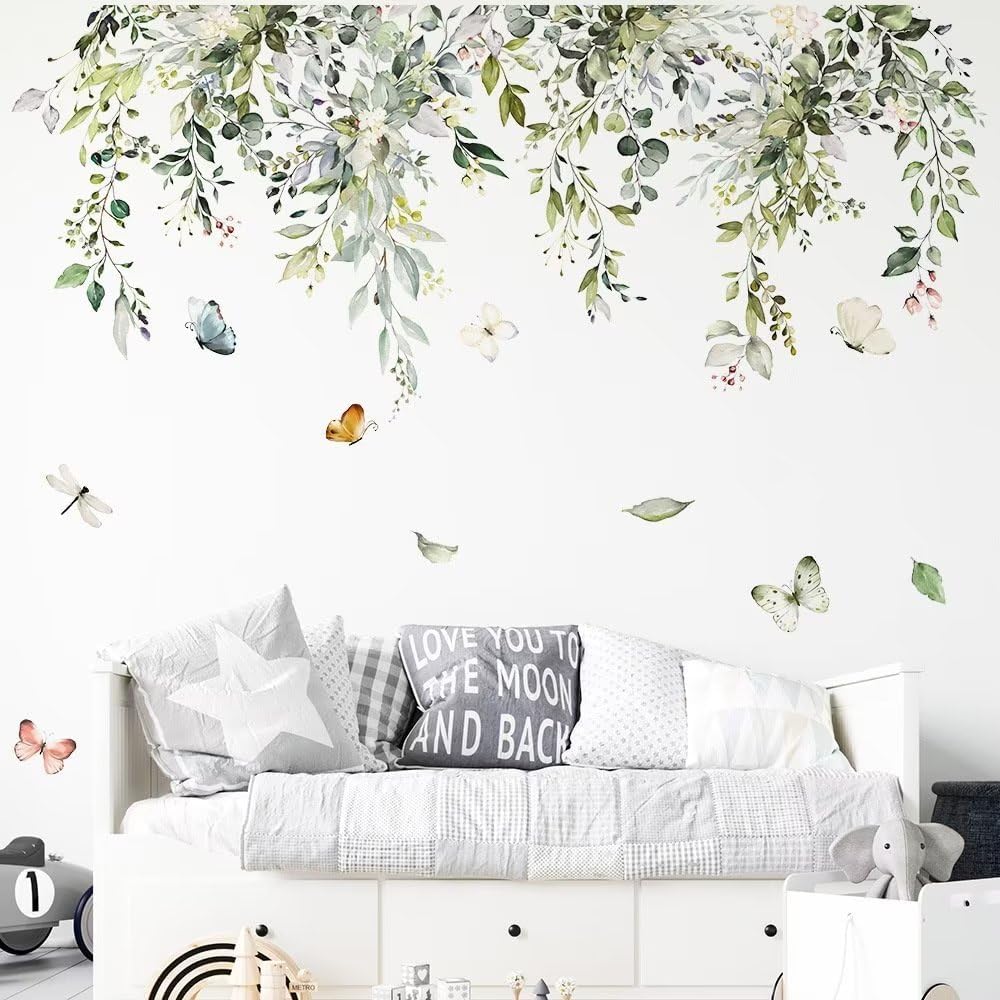 AWAKINK Calcomanías de pared de plantas, hojas, murales, acuarela, flores, vinilo, removibles, mariposas, arte de pared, bricolaje, despegar y