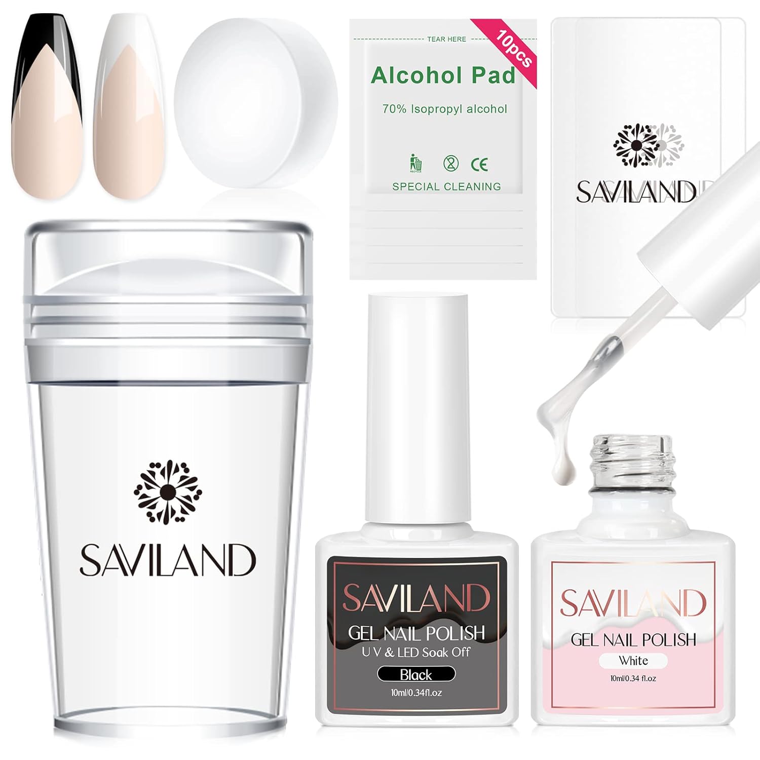 Saviland Kit de manicura francesa, sello de uñas de punta francesa con juego de esmalte de uñas de gel francés, sello de uñas de silicona y