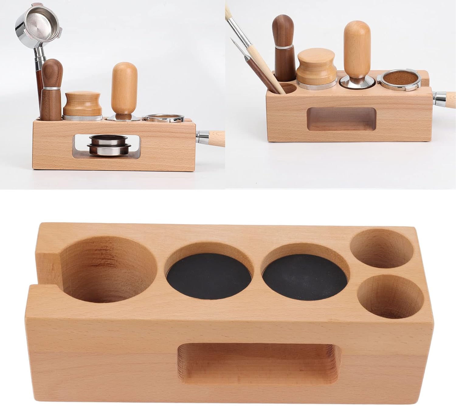 Soporte para filtro de café de madera, estación de tampón de café de madera con alfombrilla de madera para expreso, base de madera para cafeterías y