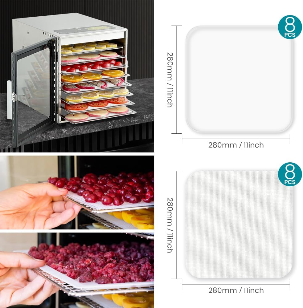 8 bandejas deshidratadoras de alimentos de silicona con borde, 8 alfombrillas deshidratadoras de malla, hojas deshidratadoras de silicona