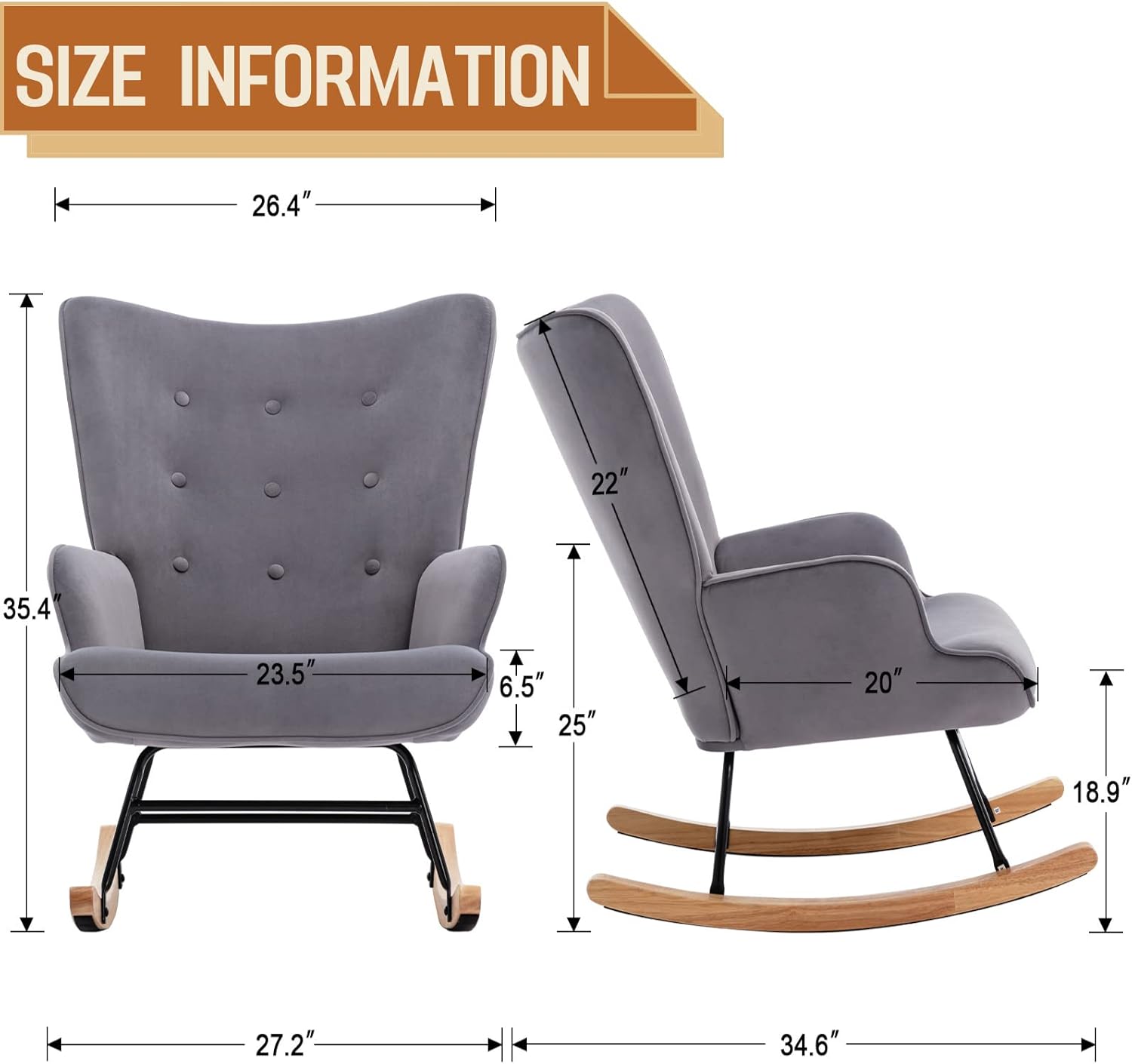 Mecedora de terciopelo para habitación del bebé, silla mecedora para interiores con respaldo de ala, con base de madera maciza, cómoda silla