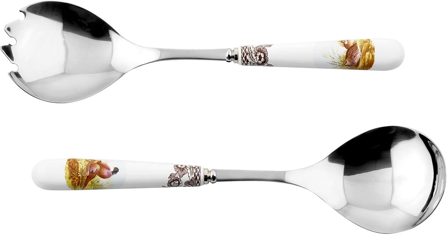 Spode Woodland Servidores de ensalada  Utensilios para servir ensalada (faisáncodornizpato pintalín)  Cucharas de ensalada con asas de porcelana,