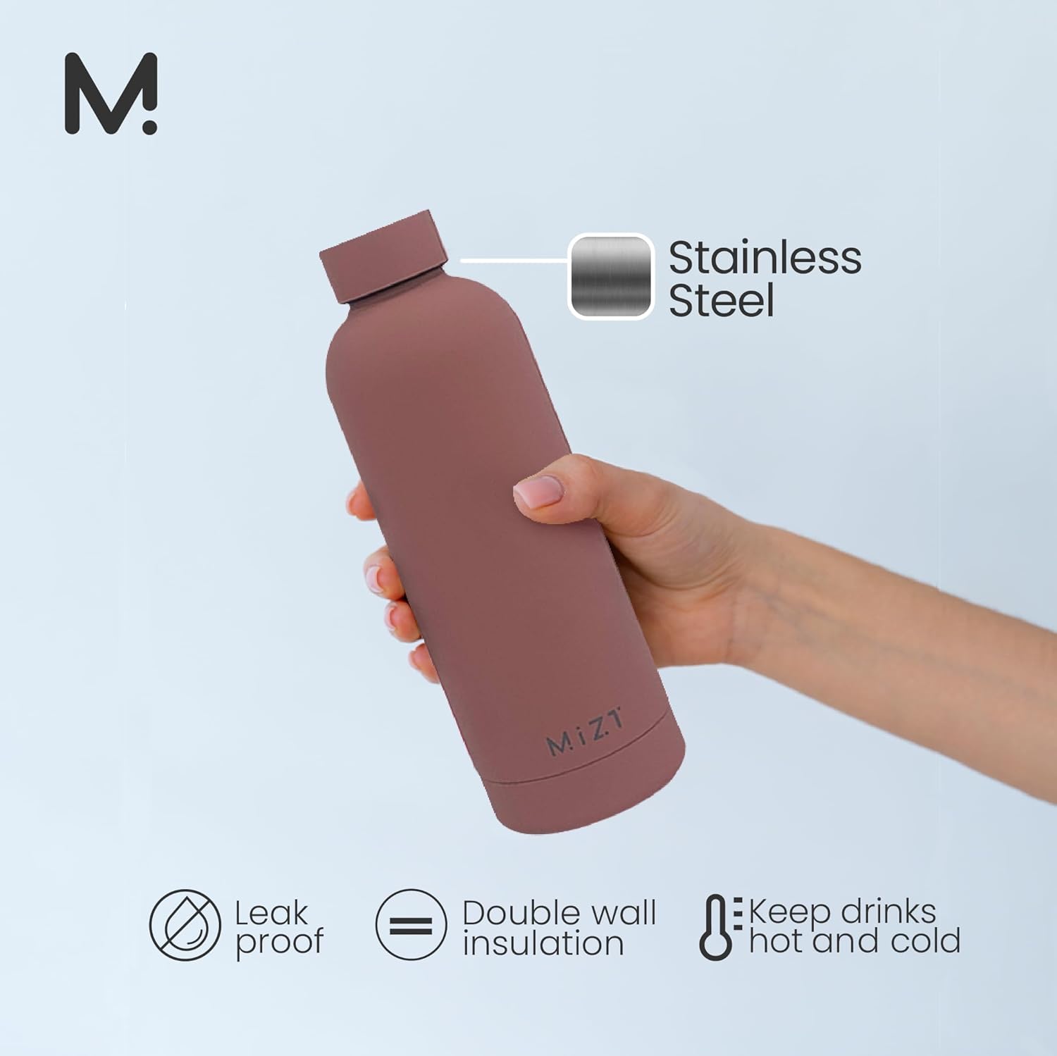 MIZT – Botella de agua deportiva de acero inoxidable 188 con doble pared con aislamiento de boca estrecha, a prueba de fugas, botella de viaje,