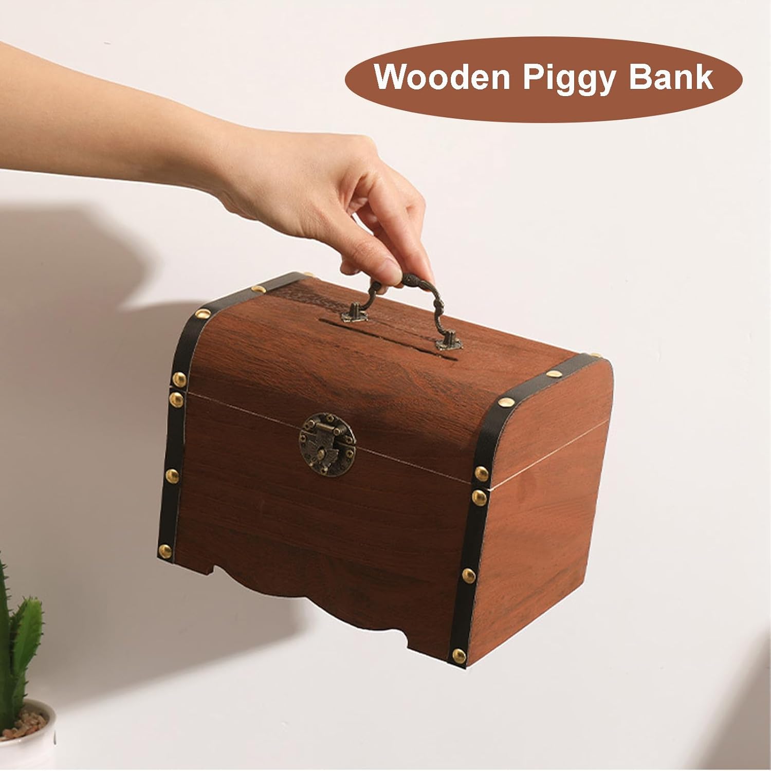 Alcancía de madera, banco de ahorro de dinero, caja de dinero segura con cerradura tallada de madera, caja de madera creativa vintage, caja de
