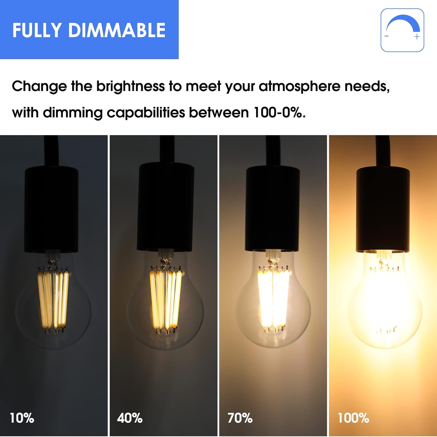 Energetic – Bombilla LED Edison A19 regulable, equivalente a 12 W, 100 W, 1600 lm de alto brillo, 2700 K blanco suave, bombilla de filamento LED