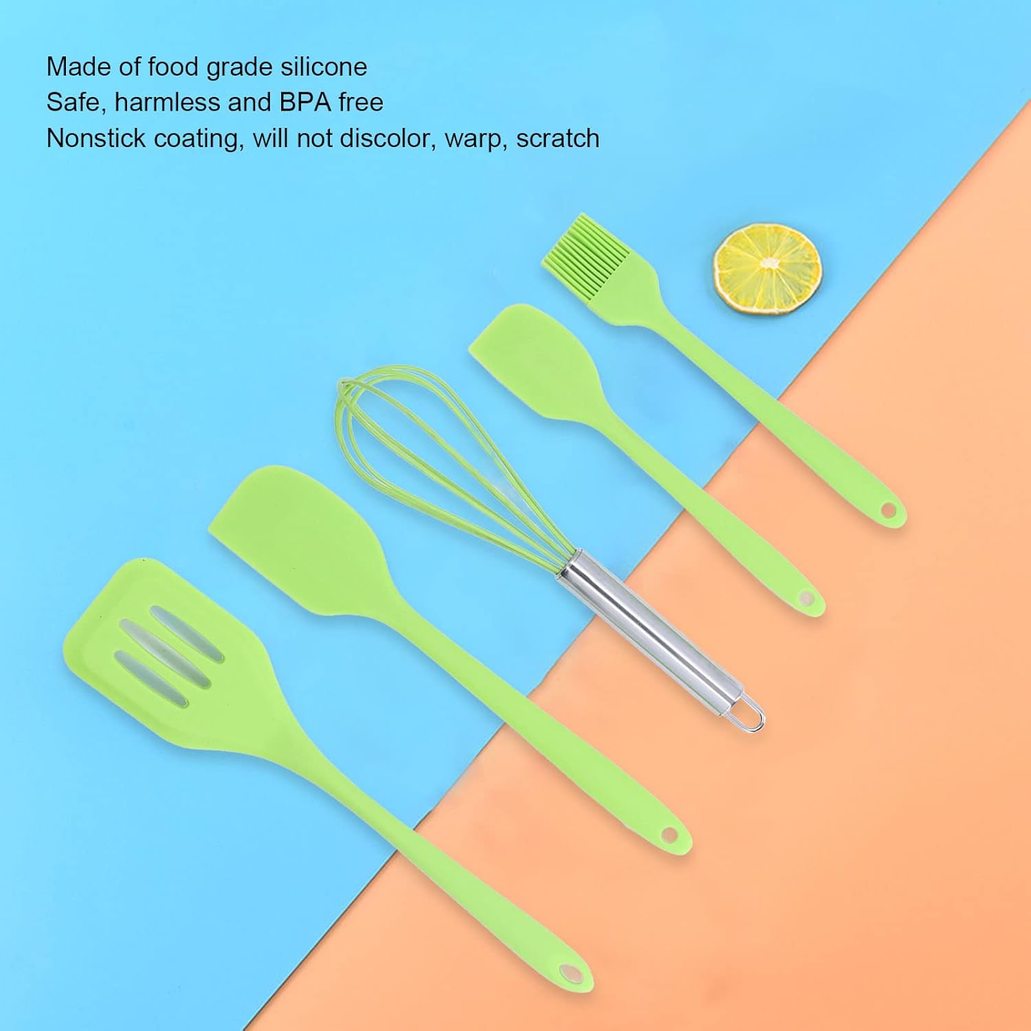 Juego de utensilios de cocina de silicona, 5 piezas, juego de utensilios de cocina de silicona, seguro y fácil de lavar, adecuado para cocina (verde)