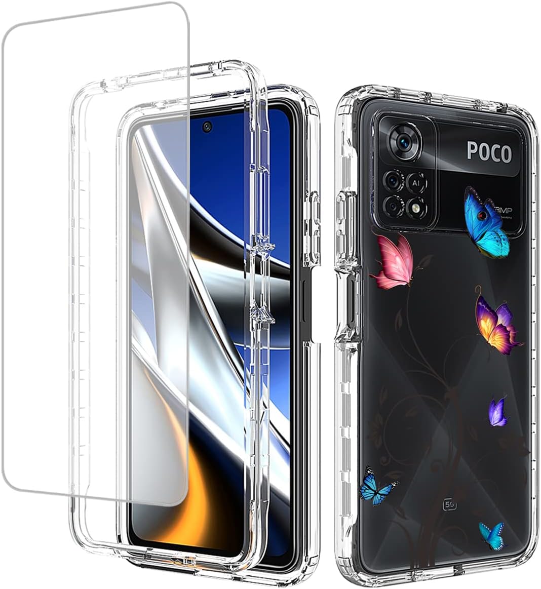 Vavies Funda para Poco X4 Pro 5G, 2201116PG Funda con protector de pantalla de vidrio templado, cuerpo completo transparente con diseño floral,