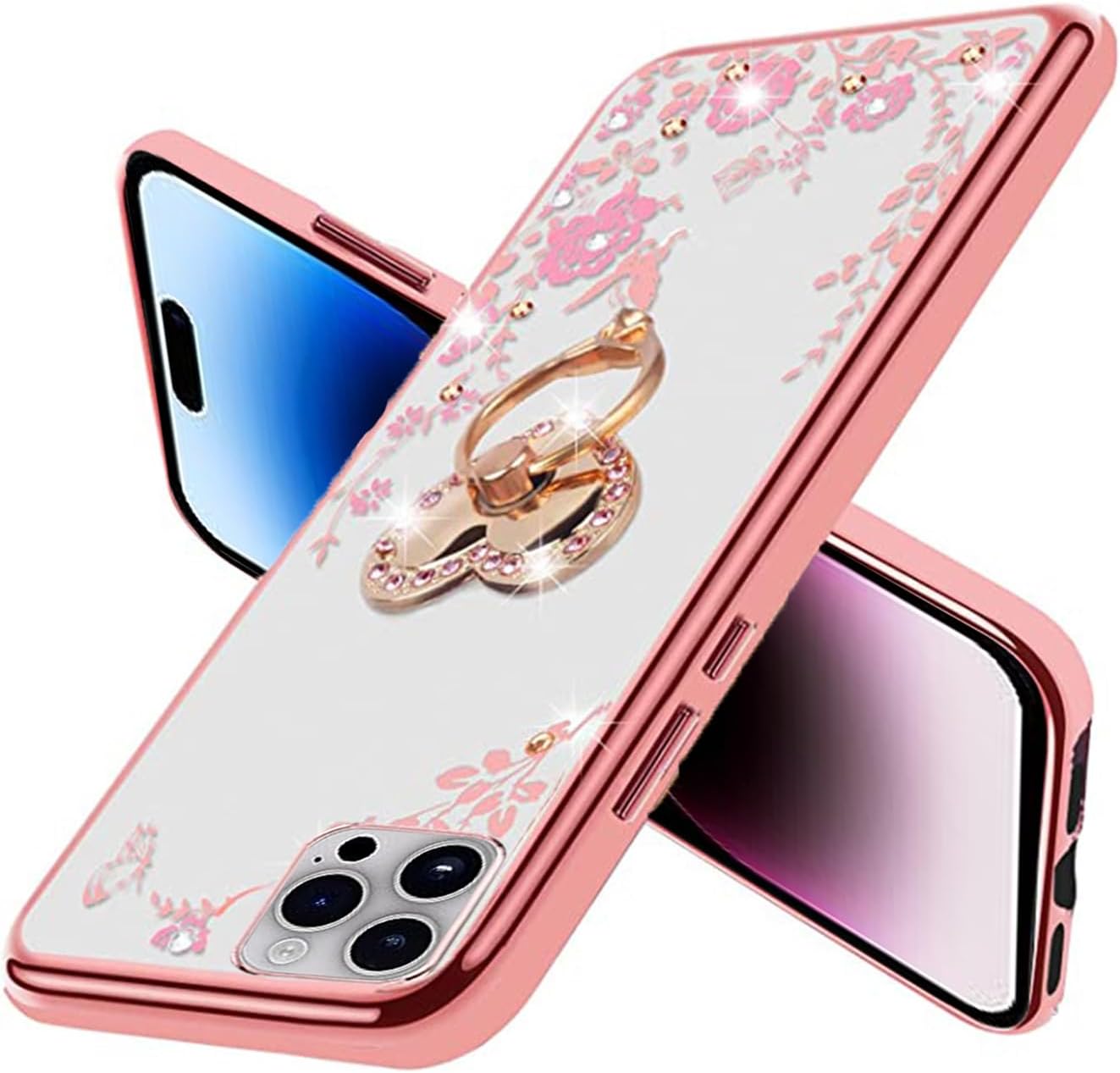 B-wishy Funda protectora para iPhone 15 Pro para mujer, con purpurina, cristal, mariposa, corazón, floral, delgada, TPU de lujo, bonita funda