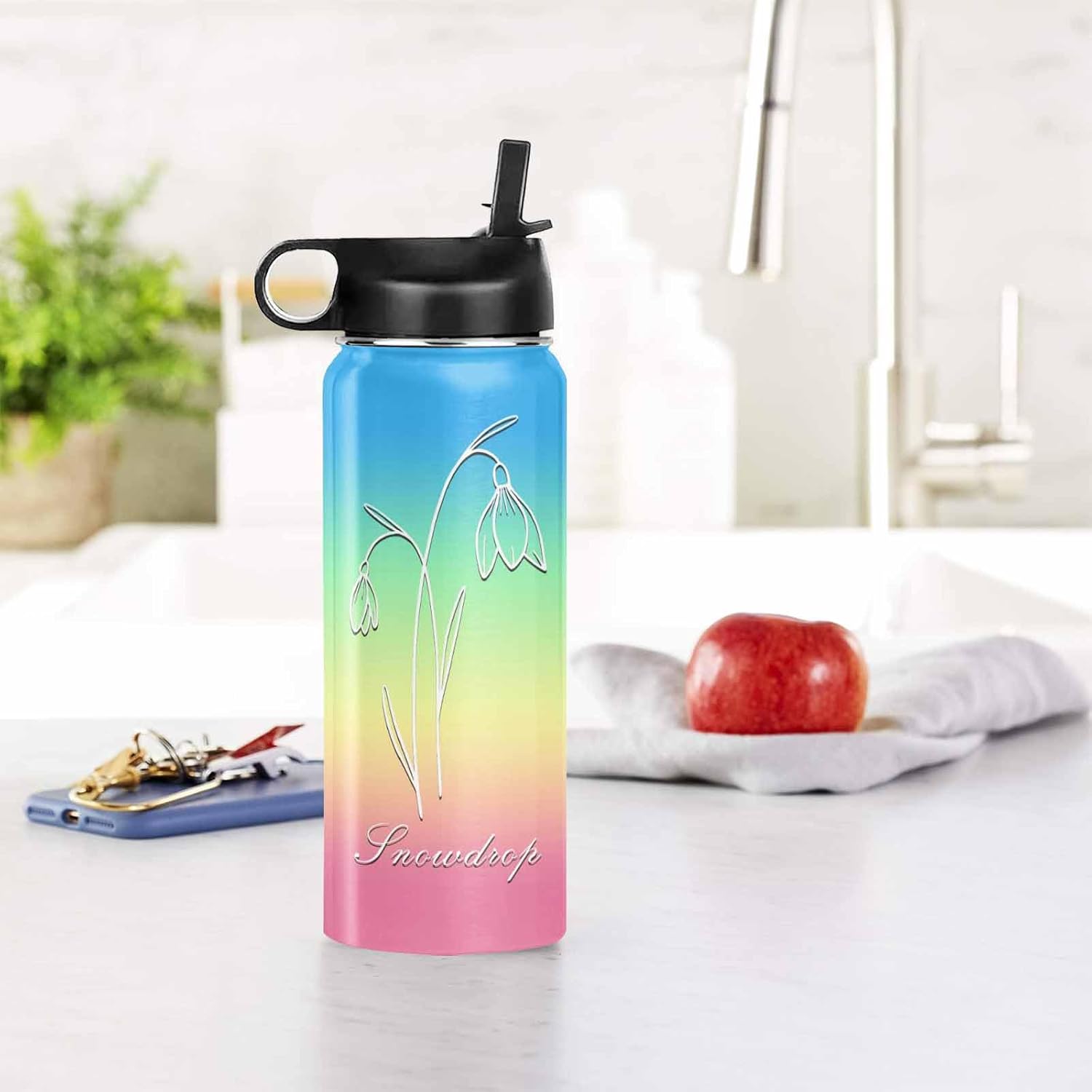 Botellas de agua personalizadas para niños, amigos, mes de nacimiento, flores, nombre personalizado, botella de agua aislada deportiva con pajilla,