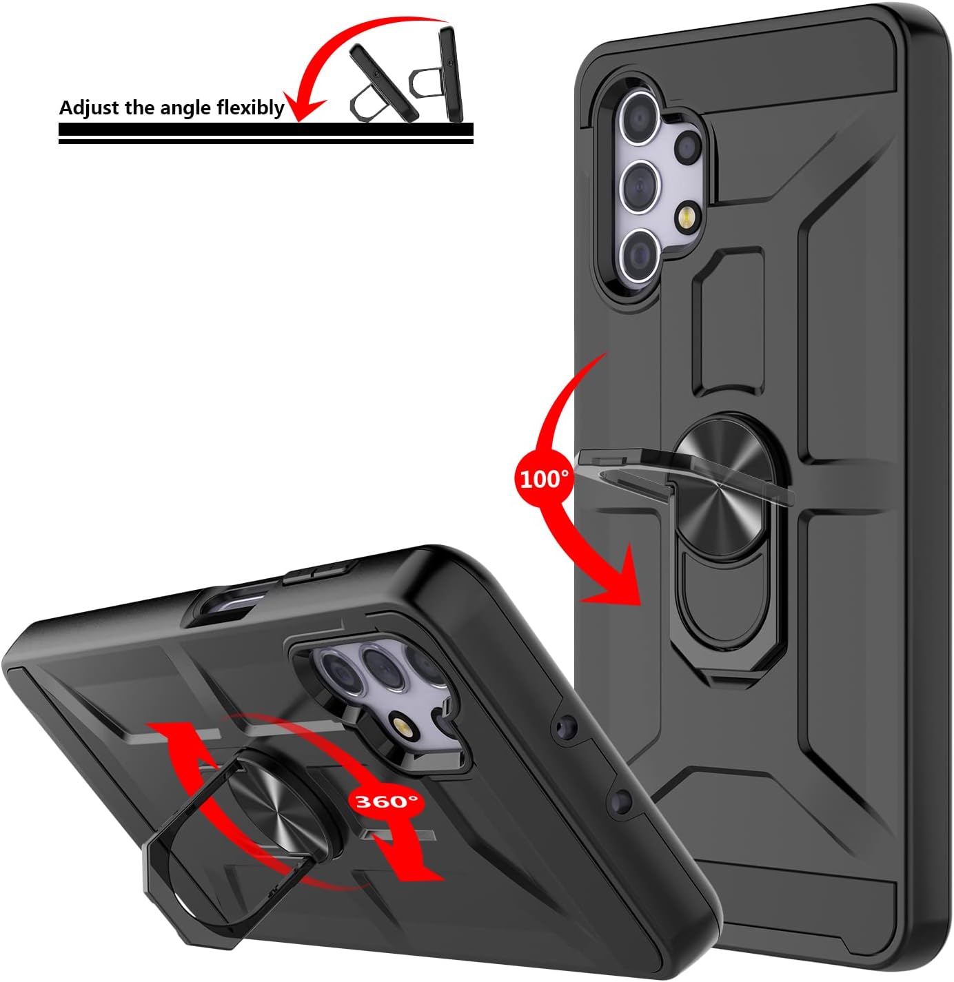 Funda para Galaxy A32 5G, funda para Galaxy A32 5G con 3 protectores de pantalla de vidrio templado, soporte de anillo integrado y soporte magnético