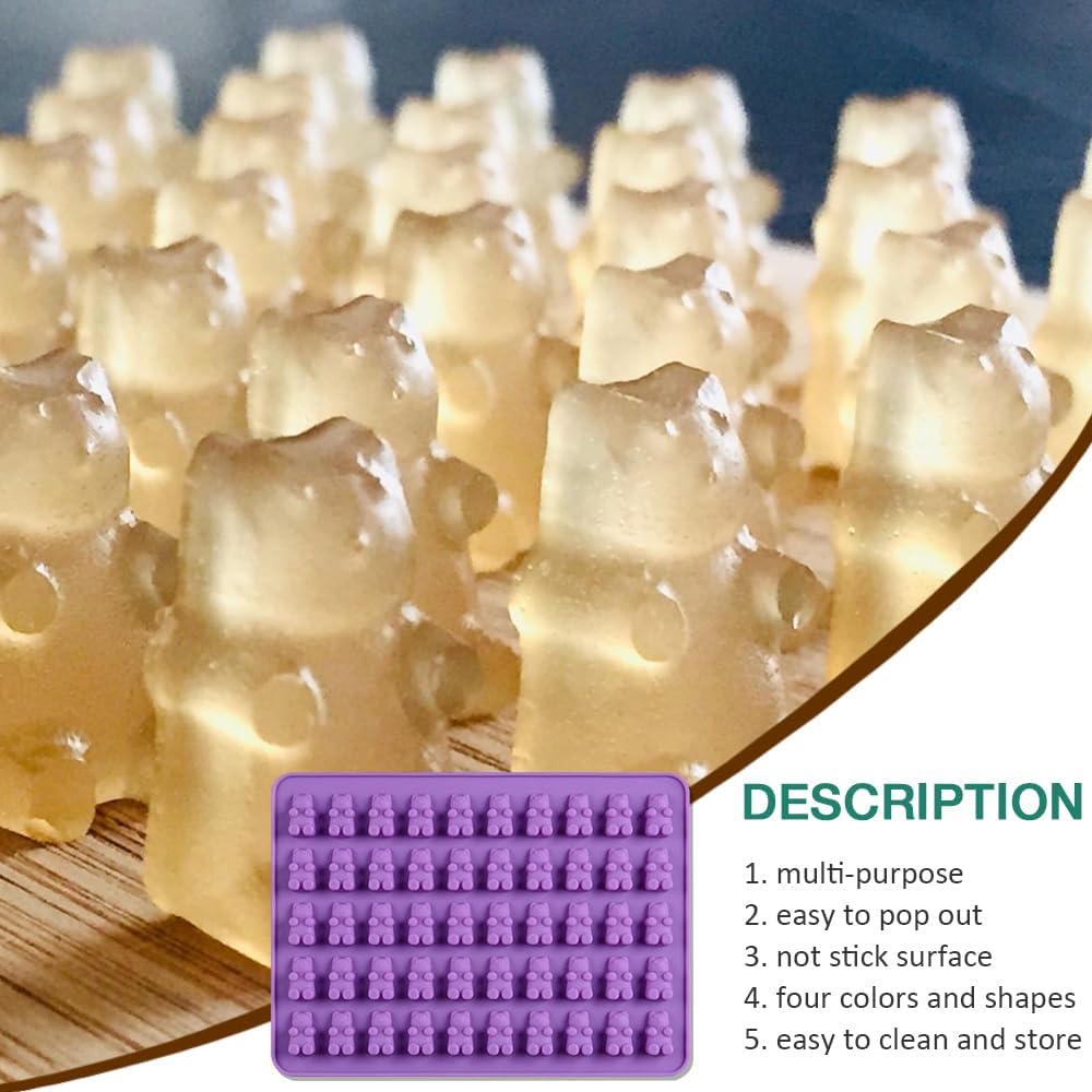 Juego de 4 moldes de silicona para gomitas, moldes de caramelo con 2 cuentagotas para un relleno cómodo, juego de moldes de chocolate incluye moldes