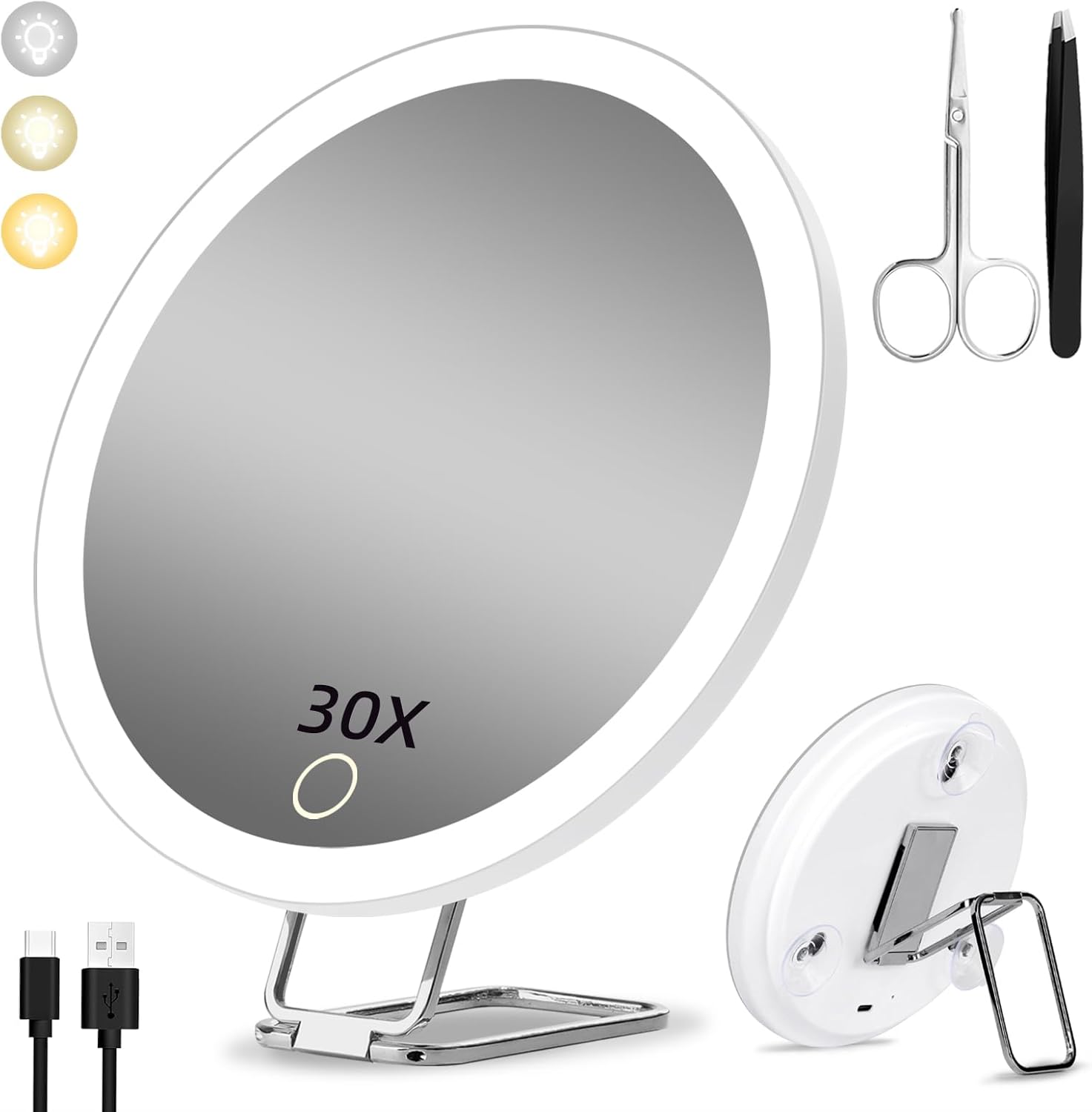 Espejo de aumento con luz 30X, grande recargable de 6 pulgadas, 3 modos de color, atenuación, espejo de maquillaje iluminado con aumento de 30X,