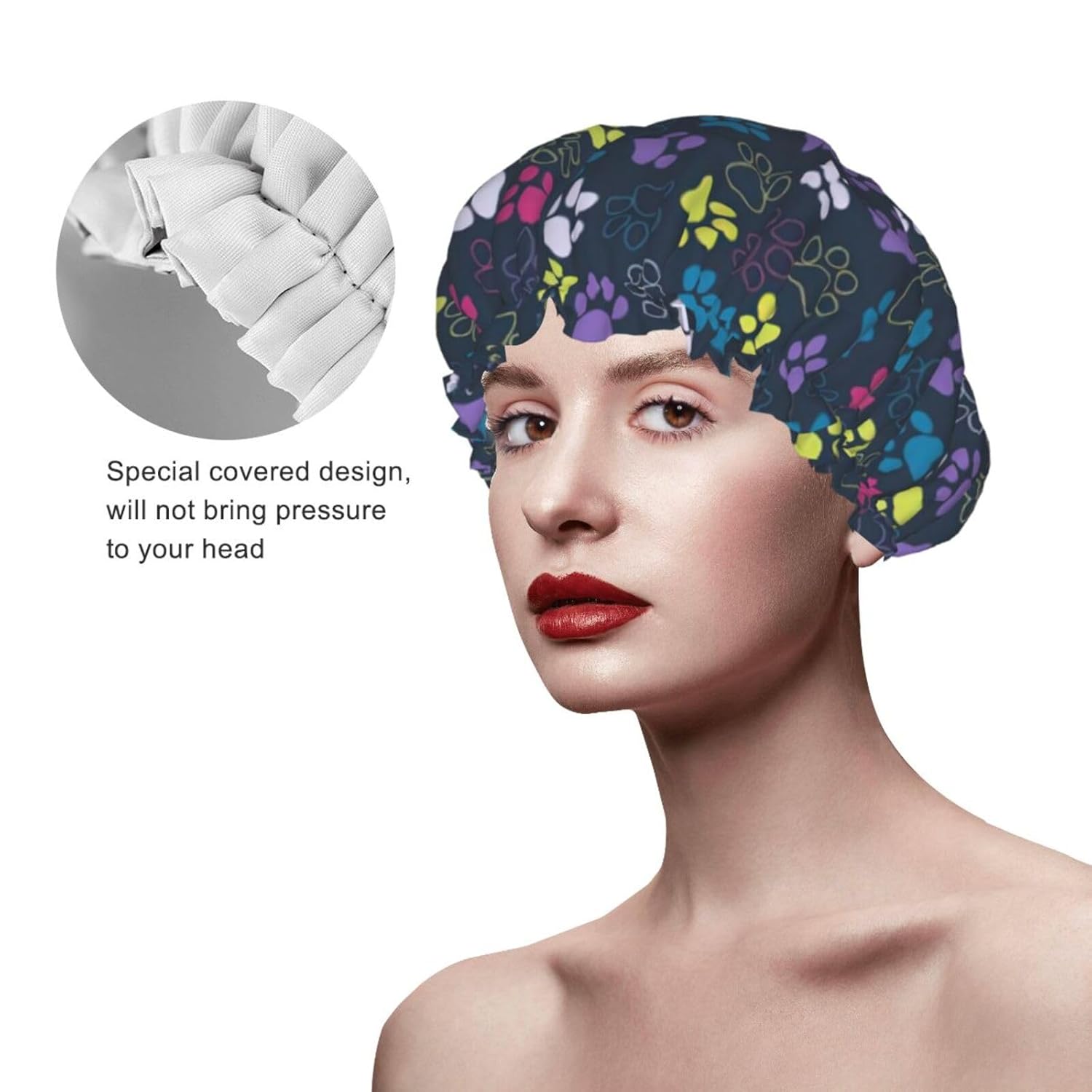 Lindo gorro de ducha con diseño de pata de perro, marco completo, doble capa, impermeable, cómodo, elástico y portátil