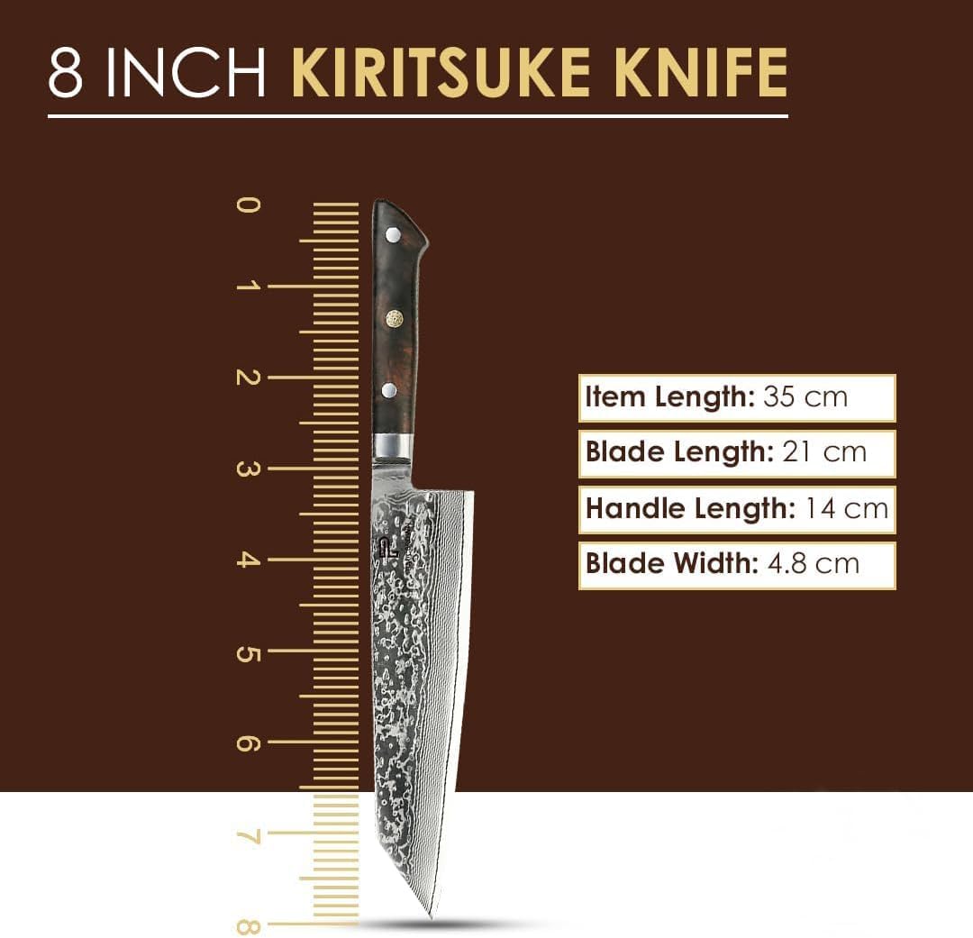 Paul Brown’s Cuchillo Kiritsuke de 8 pulgadas de acero Damasco VG10 de 67 capas con patrón de martillo forjado con mango de madera premium y madera