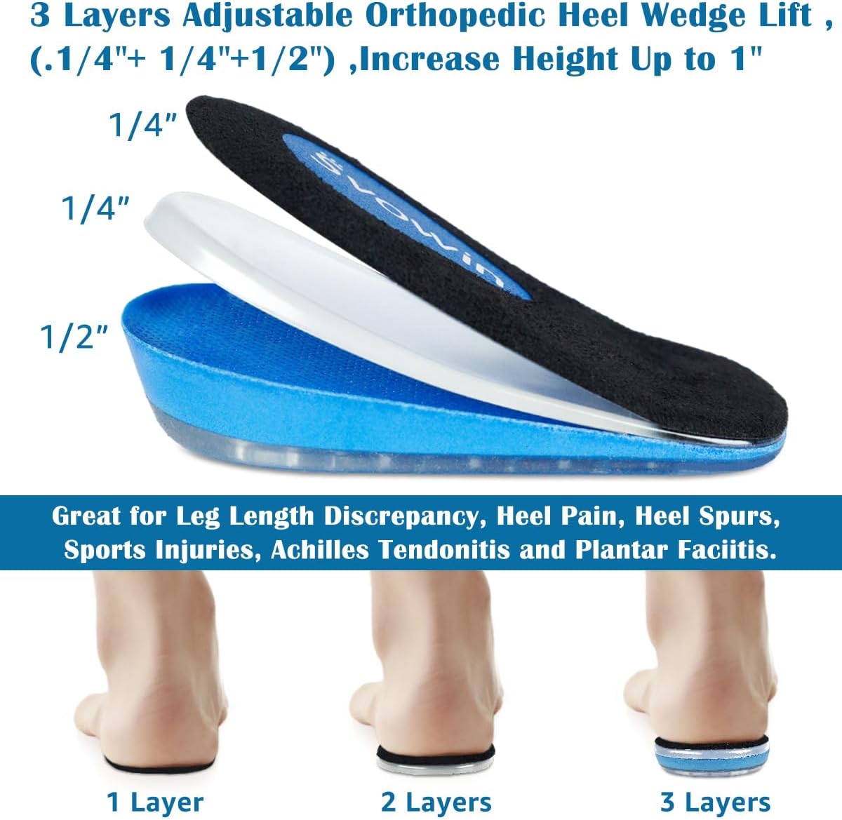 Plantillas de aumento de altura ajustable de 3 capas, insertos de elevación de talón para discrepancias de longitud de pierna y tendinitis de