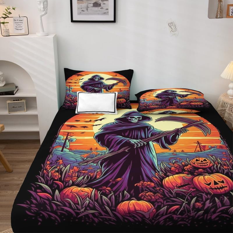 Grim Reaper – Juego de sábanas tamaño King, sábanas de calabaza de Halloween, microfibra suave y bolsillo profundo, sábanas y fundas de almohada