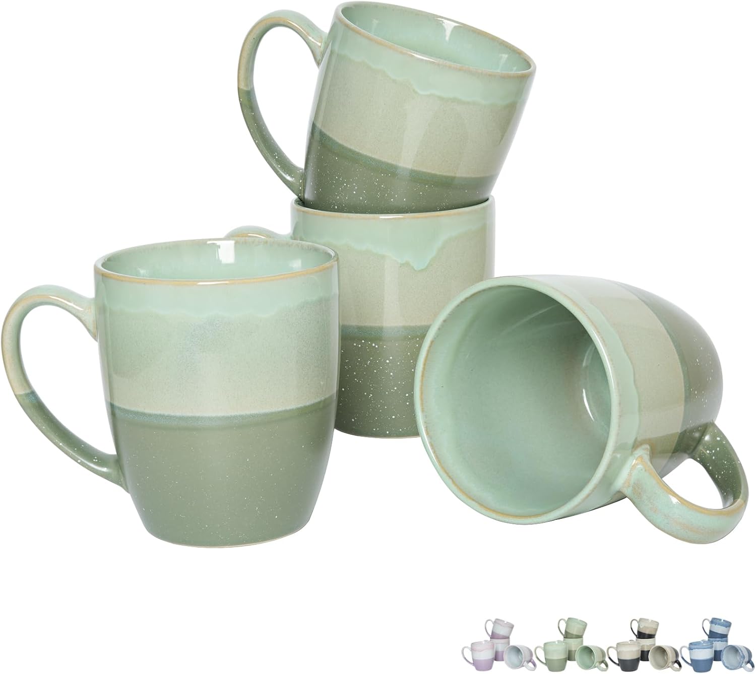 Bosmarlin Juego de 4 tazas de café de cerámica, 17 onzas, tazas de café verdes con mango grande, aptas para microondas, esmalte reactivo único