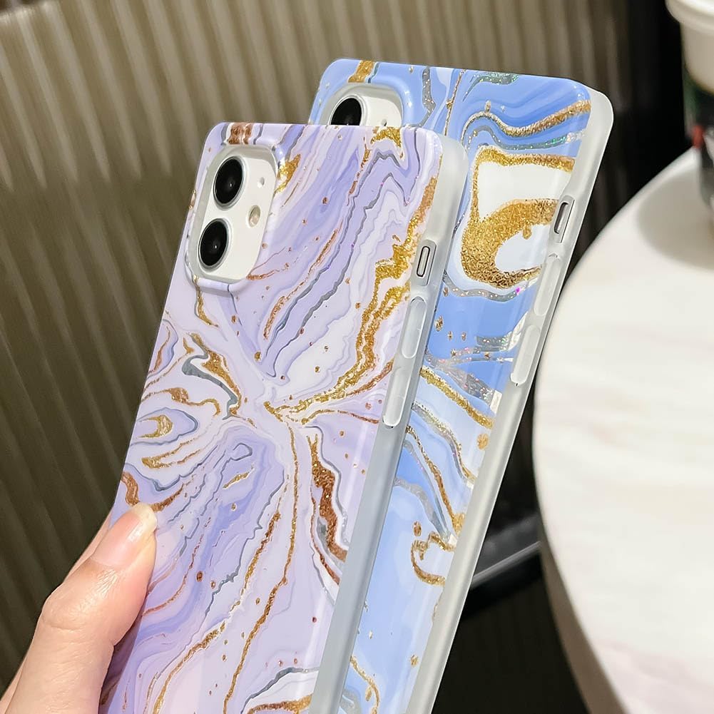 KERZZIL Funda de lujo con diseño de mármol con purpurina para iPhone 1212 Pro con borde cuadrado, elegante funda delgada de goma de silicona TPU