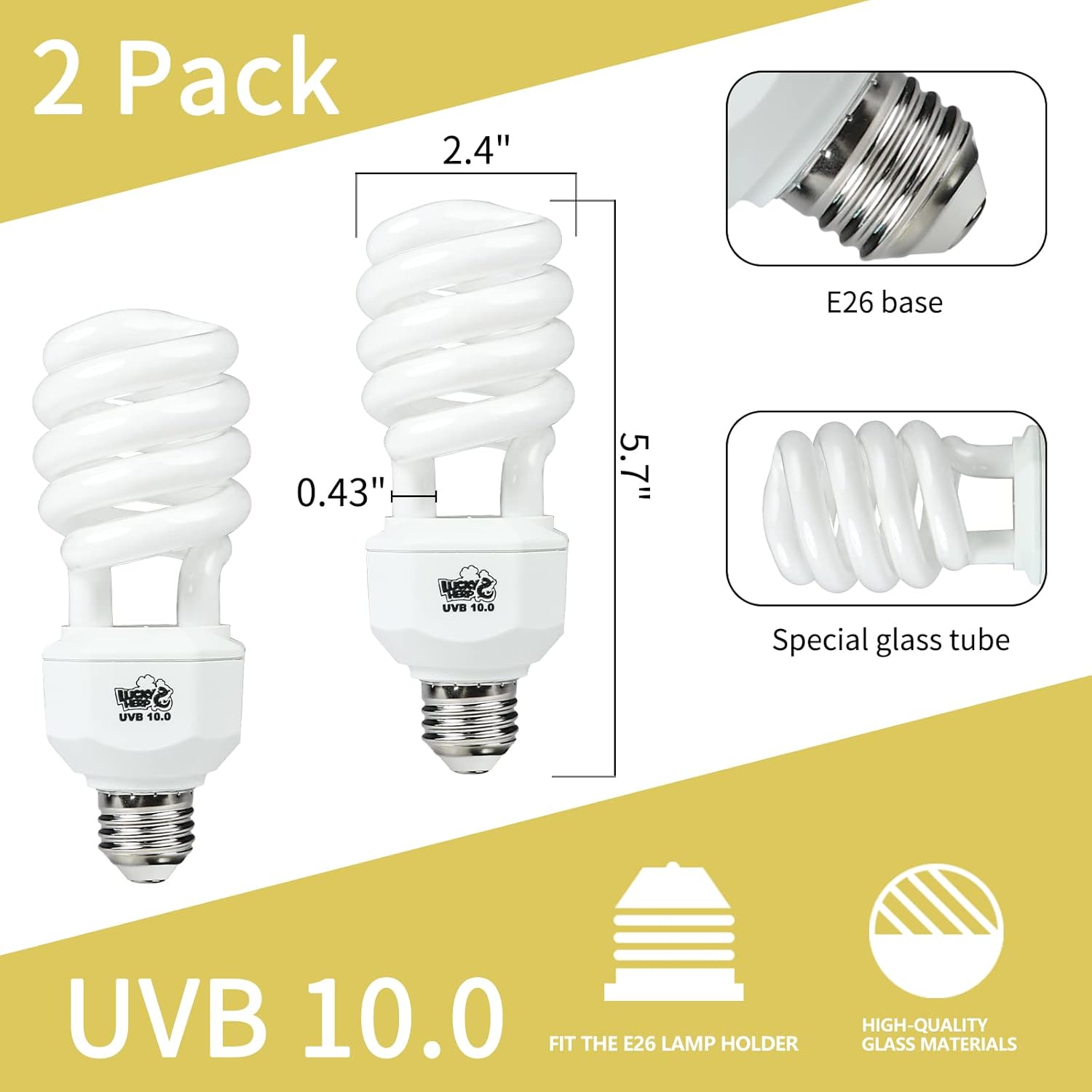 LUCKY HERP Paquete de 2 luces UVA UVB para reptiles, 23 W 10.0 UVB para reptiles del desierto, lámpara fluorescente compacta de terrario, bombilla
