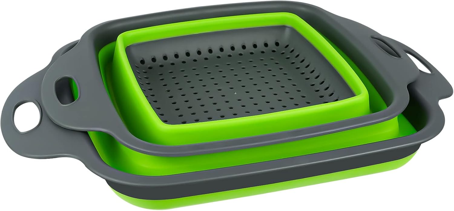 AUAUY Juego de 2 coladores plegables, colador plegable cuadrado de silicona con asas de plástico, colador de cocina ecológico con agujeros grandes