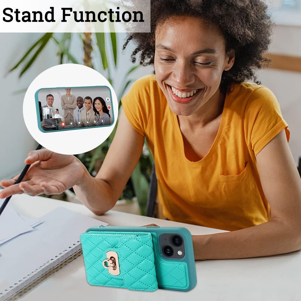 KUDEX Funda cruzada para iPhone 14, funda protectora de cuero de lujo con correa de cordón extraíble, tarjetero con soporte para tarjeta de crédito