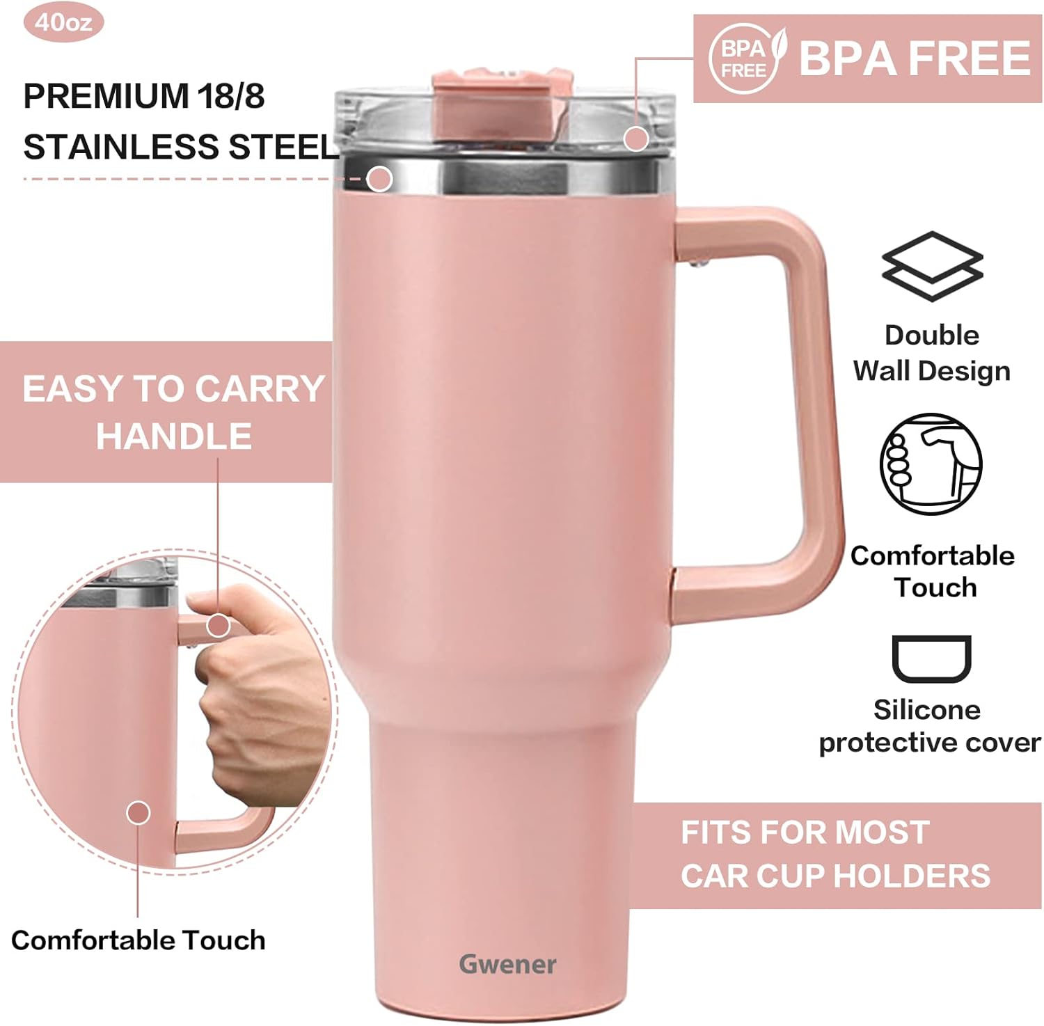 Vaso de 40 onzas con asa y tapa con pajilla, vaso aislado de acero inoxidable, taza de viaje, para bebidas calientes y frías, taza de café de viaje