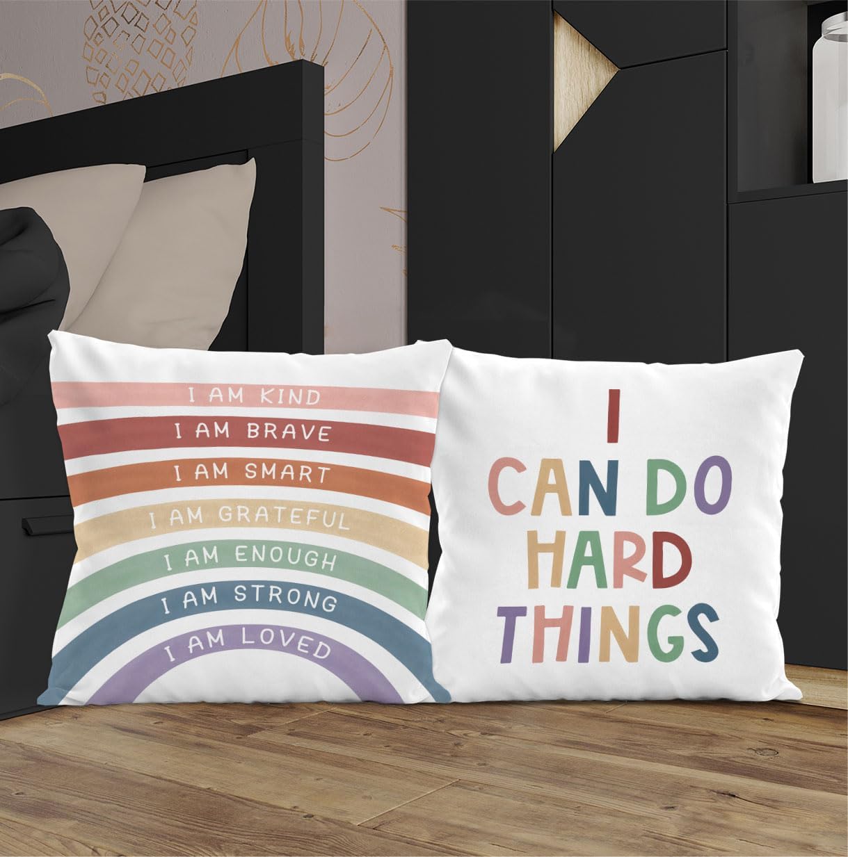 Juego de 2 fundas de almohada con texto en inglés “Rainbow Class”, fundas de almohada con texto en inglés “I Can Do Hard Things”, fundas de almohada